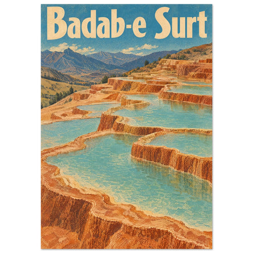 Badab-e Surt mineral terraces with turquoise pools, orange rock, distant mountains and large cream lettering.