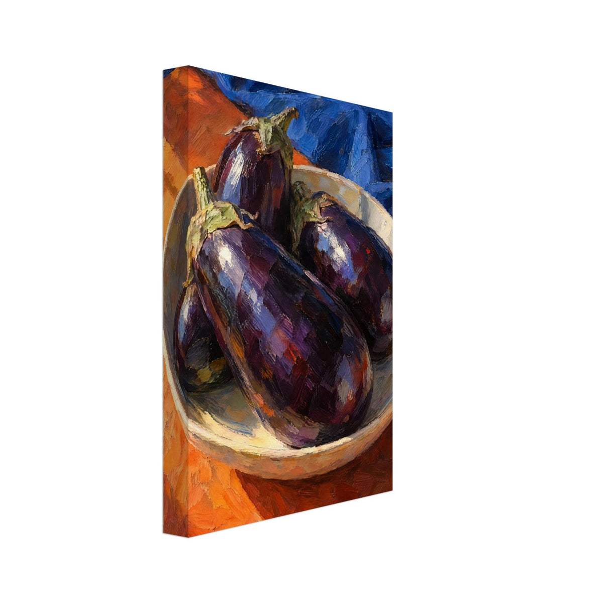 Purple aubergines in a shallow cream bowl on an orange surface, with folded blue fabric and bold visible brushstrokes.