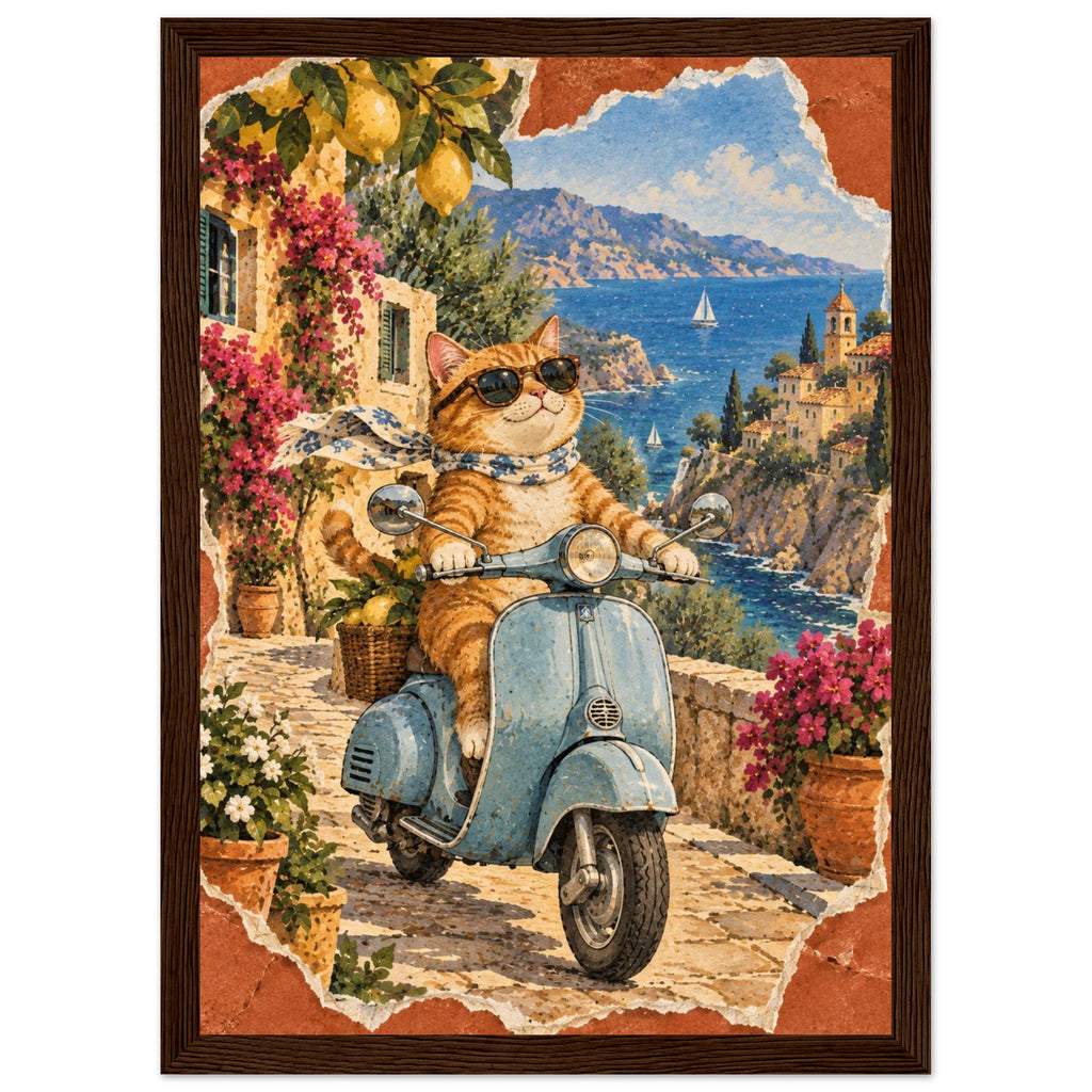 Orange cat in sunglasses and a scarf on a blue scooter, with lemons, flowers, coastal buildings and sailboats behind.