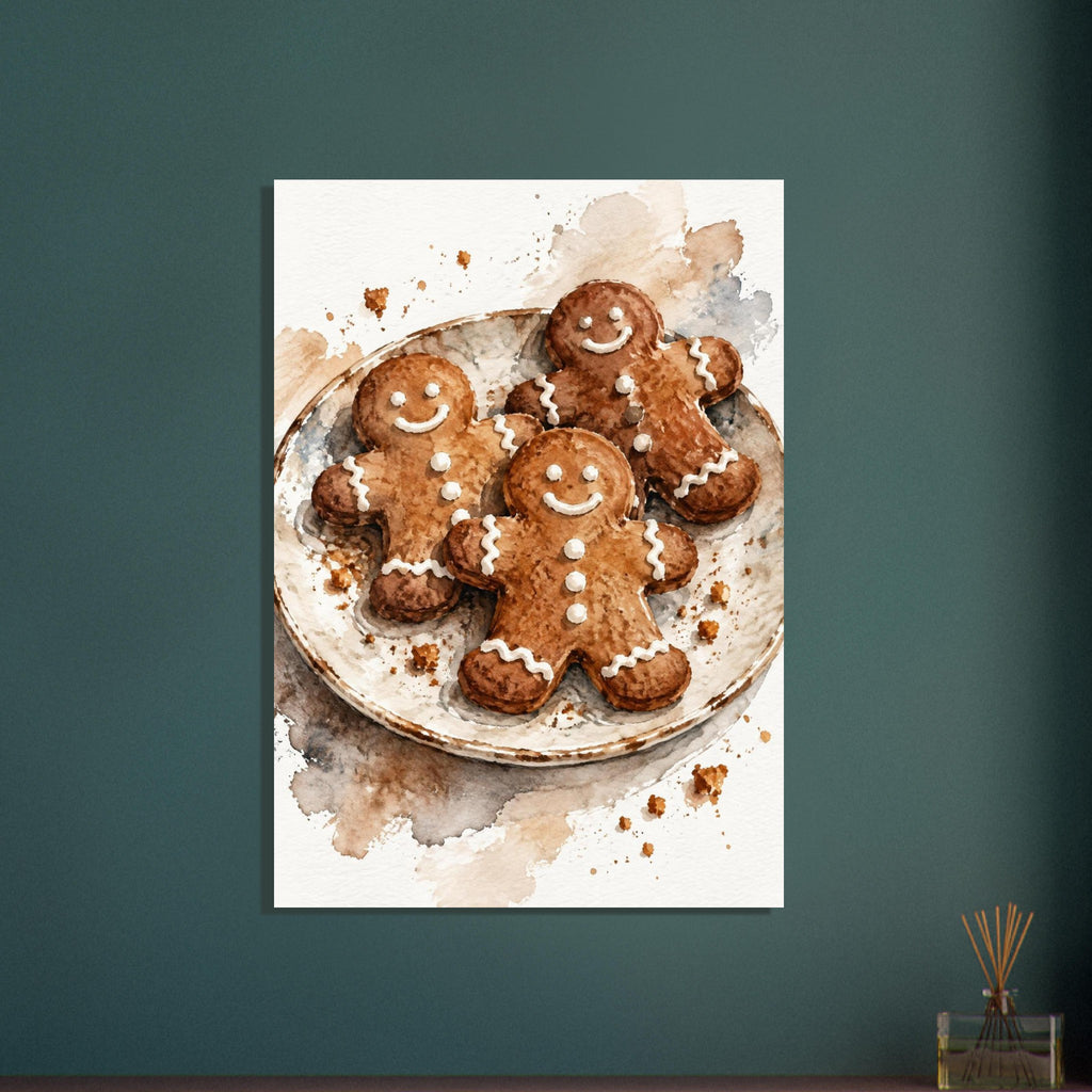 Watercolour painting of three iced gingerbread men on a rustic plate