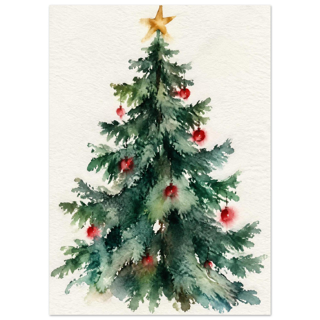 Watercolour Christmas tree with red baubles and a gold star, painted in loose green brushstrokes