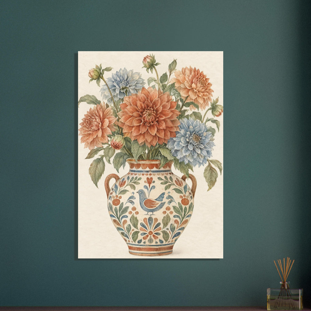 Terracotta and blue dahlias with green leaves in a two-handled vase decorated with flowers and a bird on cream.
