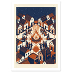 Villagers gathered around a bonfire among patterned houses beneath a starry navy sky, in rust orange and cream.