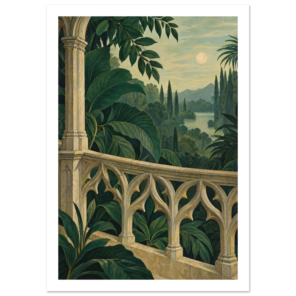 Lush green leaves surround an ornate stone balcony overlooking water, slender trees and distant mountains beneath a pale sky.