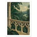 Lush green leaves surround an ornate stone balcony overlooking water, slender trees and distant mountains beneath a pale sky.