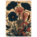 Deep blue and terracotta poppies with eye motifs, curling stems, layered leaves and winged insects on a beige background.