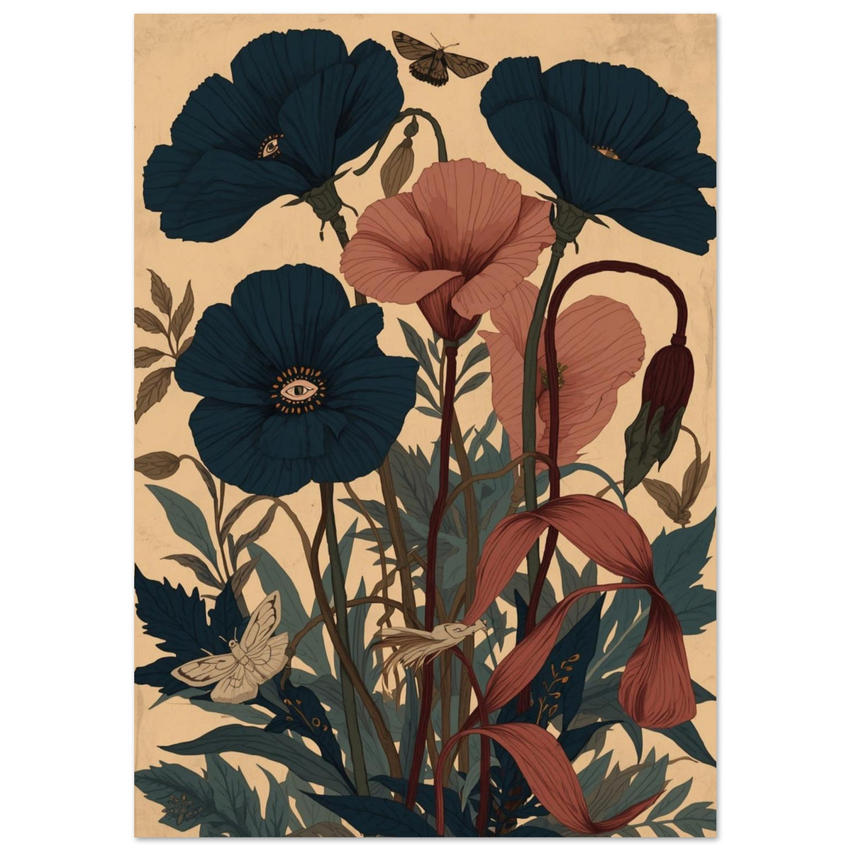 Deep blue and terracotta poppies with eye motifs, curling stems, layered leaves and winged insects on a beige background.