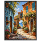 Coastal village lane with blue and orange buildings, potted flowers and a stone archway opening onto a sea view.