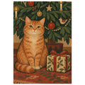 The Cat Who Waited shows a ginger cat beside an unopened present beneath low Christmas tree branches, with thick green painte