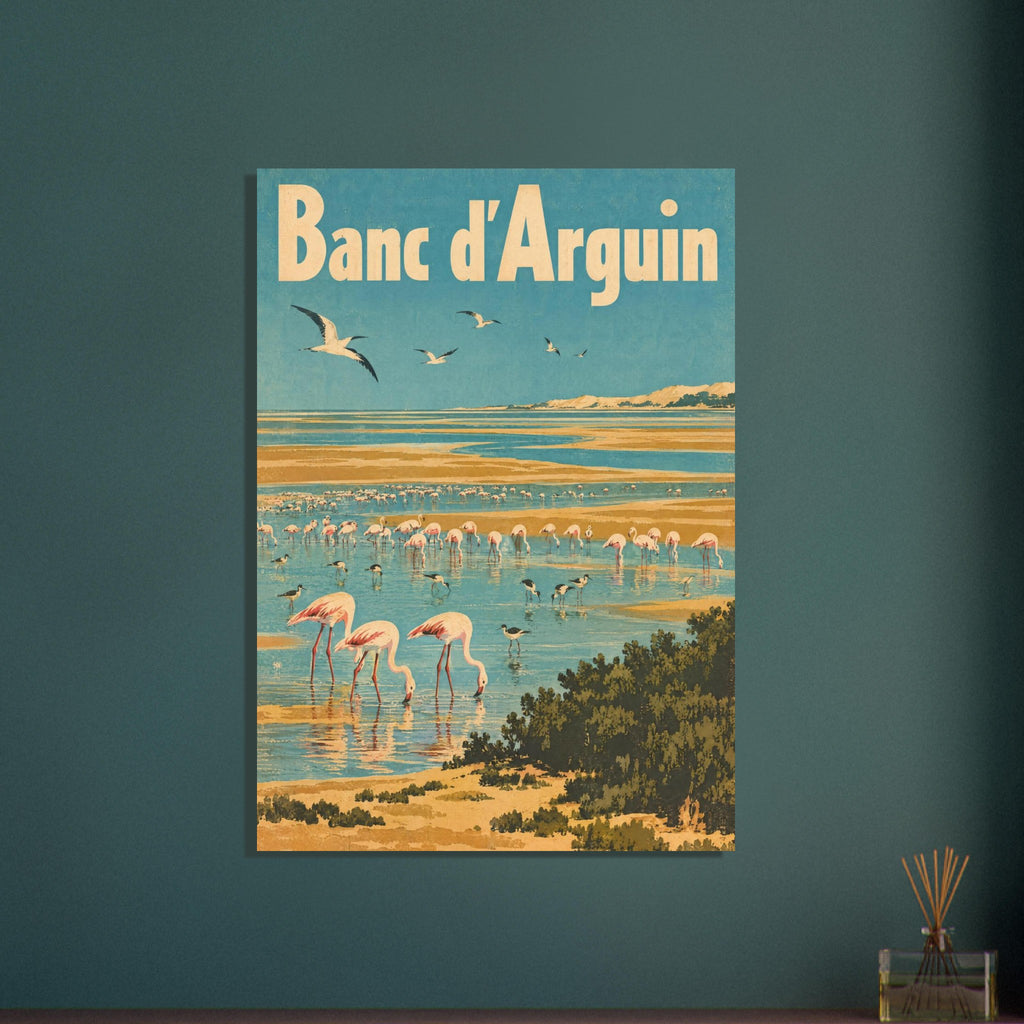 Banc d’Arguin Flamingo Vintage Travel – illustration wall art print by Printavelle – close-up