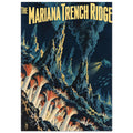 Mariana Trench Ridge poster with yellow lettering, underwater rock spires, dark plumes, orange-tipped tubes and a submersible