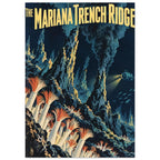 Mariana Trench Ridge poster with yellow lettering, underwater rock spires, dark plumes, orange-tipped tubes and a submersible
