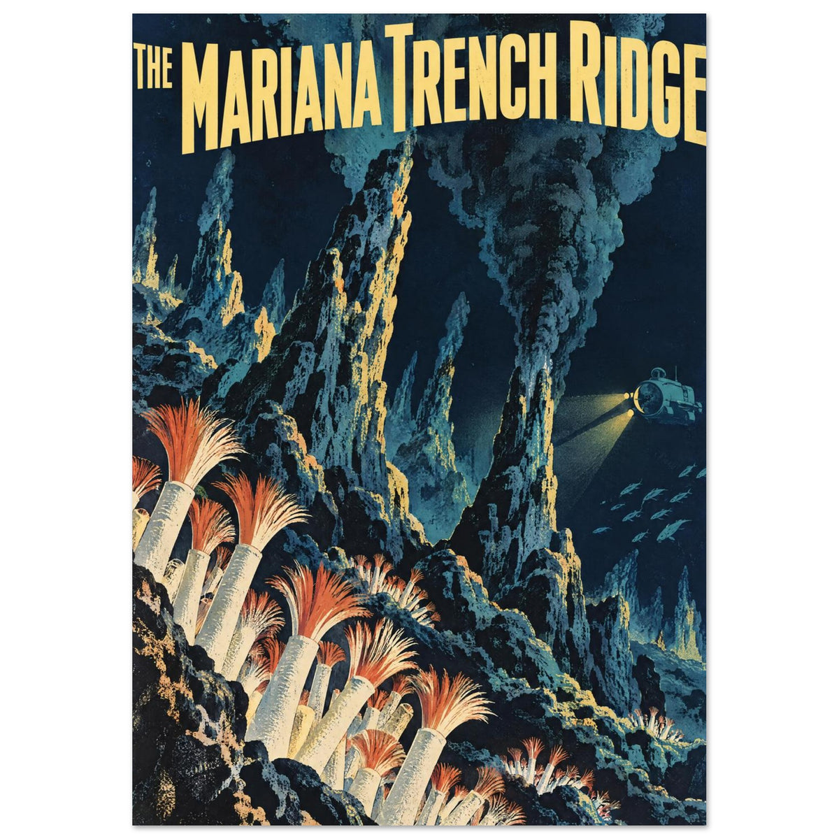 Mariana Trench Ridge poster with yellow lettering, underwater rock spires, dark plumes, orange-tipped tubes and a submersible
