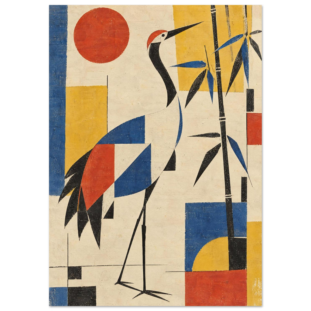 Stylised crane beside bamboo with red, blue and yellow geometric blocks on a textured cream background.