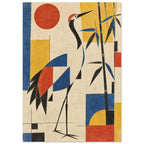 Stylised crane beside bamboo with red, blue and yellow geometric blocks on a textured cream background.