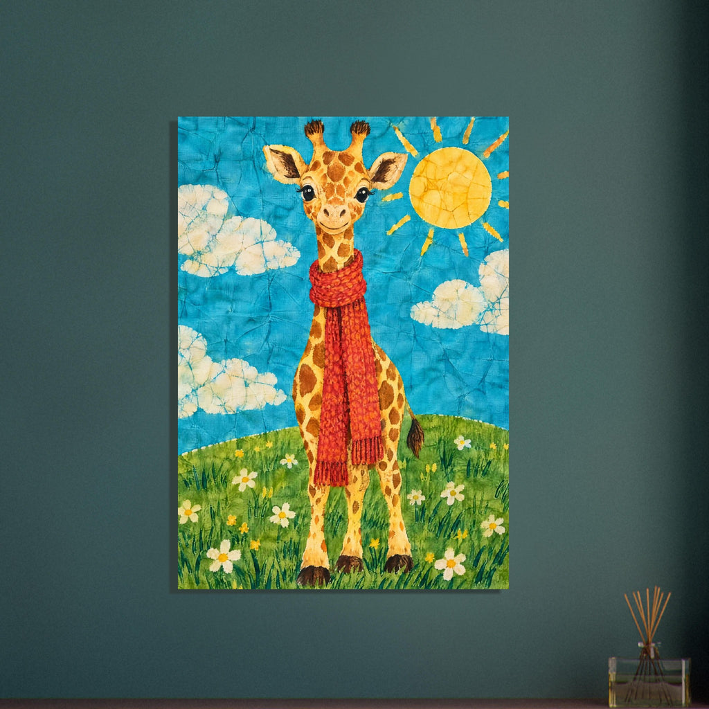 Vänlig gul giraff med lång halsduk på en grön kulle under turkos himmel.