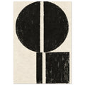 Distressed black circle above an offset black rectangle, both divided by narrow cream gaps, on a textured cream background.