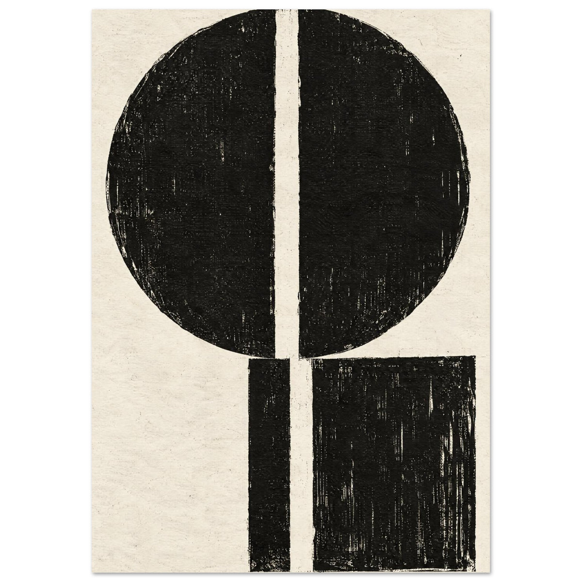 Distressed black circle above an offset black rectangle, both divided by narrow cream gaps, on a textured cream background.