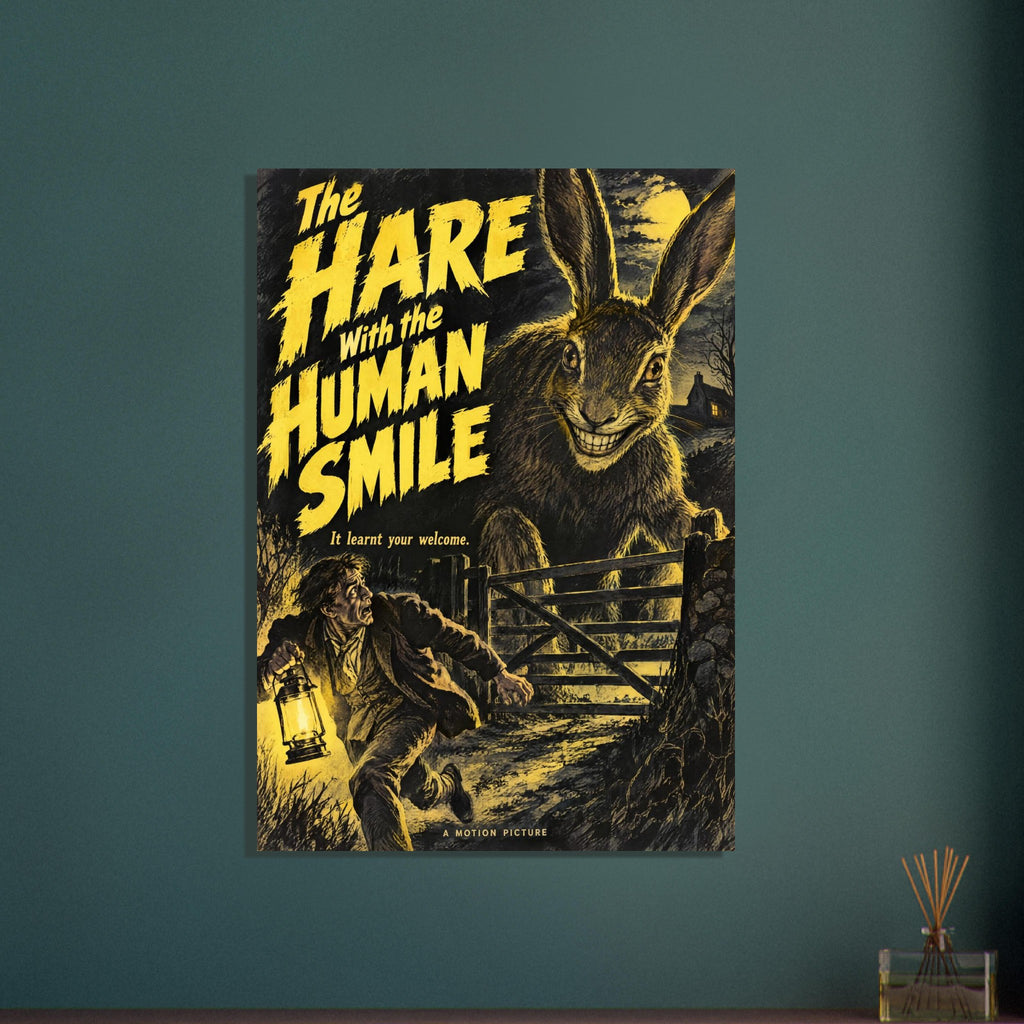 Grinning giant hare behind a gate as a man flees with a lantern, beneath yellow horror-film lettering on black.