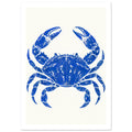 Ultramarine blue crab with raised claws and distressed detailing, centred on a warm cream background.