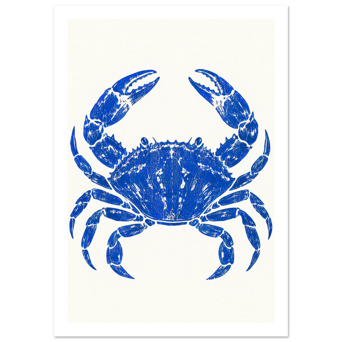 Ultramarine blue crab with raised claws and distressed detailing, centred on a warm cream background.