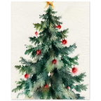 Watercolour Christmas tree with red baubles and a gold star, painted in loose green brushstrokes