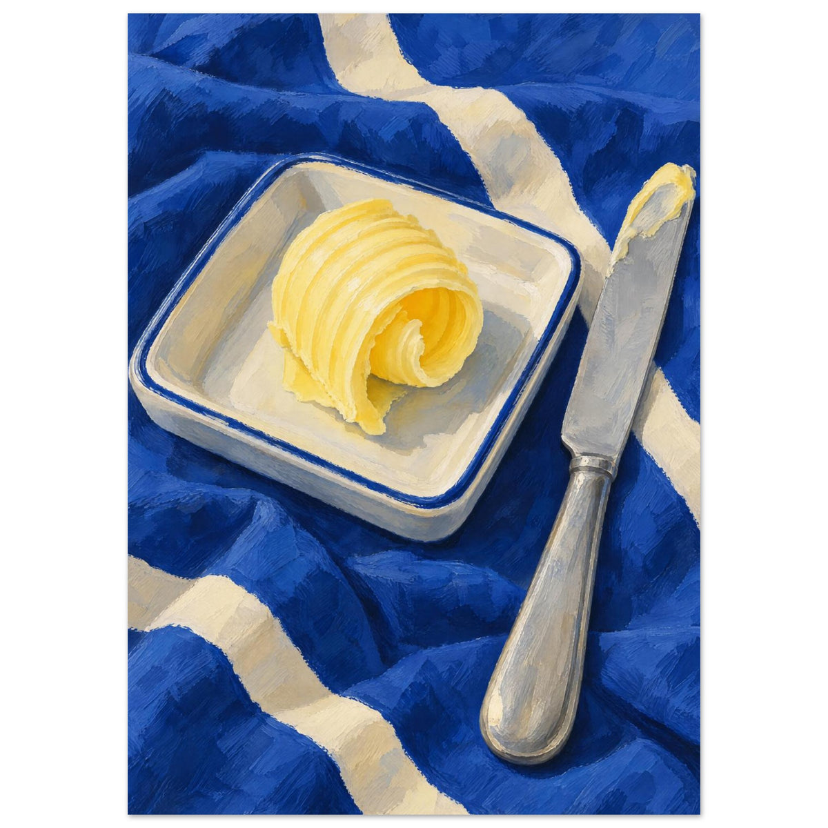 The Butter Curl still life showing a curled pat of butter on a rectangular dish beside a silver knife on cobalt cloth.