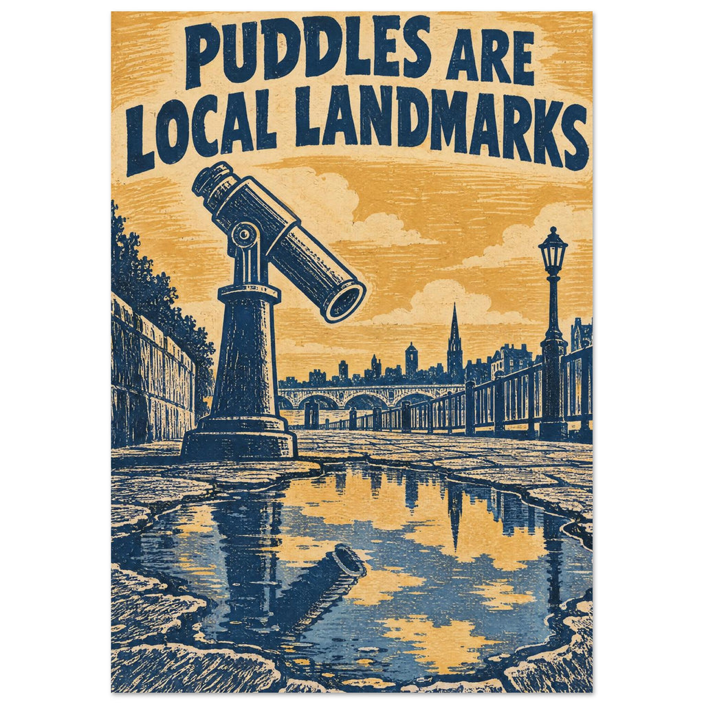 Viewing telescope beside a puddle reflecting a city skyline, with navy text reading “Puddles Are Local Landmarks”.