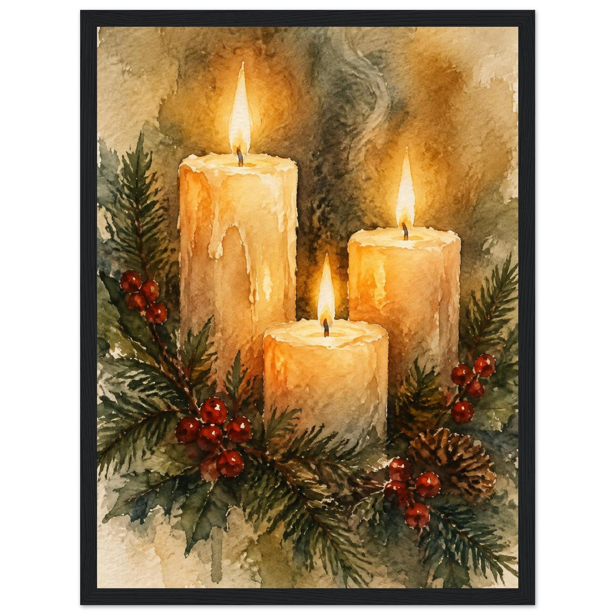 Watercolour painting of three lit advent candles with spruce sprigs and red berries