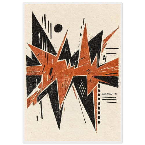 Jagged orange and black geometric shapes with scattered lines and a black circle on a textured cream background.