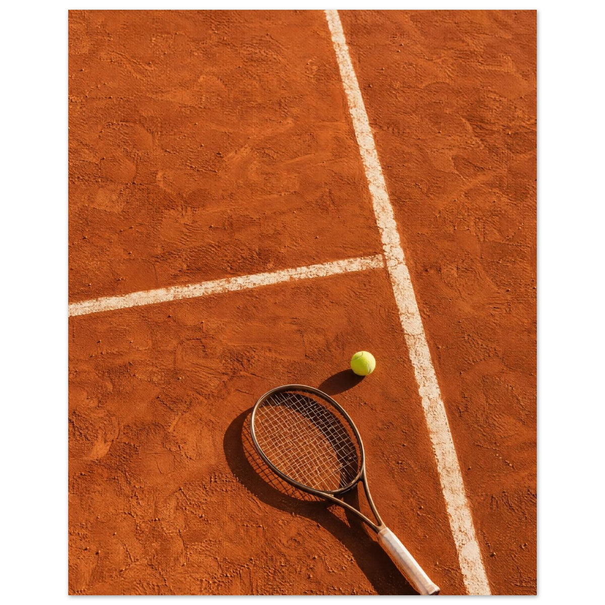 Tennis racket and yellow-green ball on an orange clay court, with white lines, footprints and strong shadows.