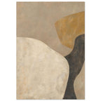 Soft Architecture abstract with interlocking ivory, taupe and ochre forms, a charcoal curve and softly brushed edges.