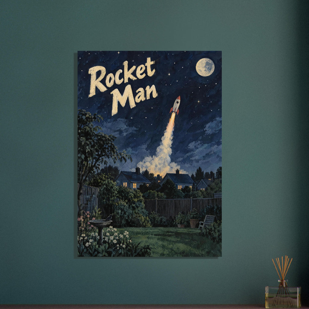 Rocket soaring above a garden and houses beneath a starry navy sky, with a moon and large cream “Rocket Man” lettering.