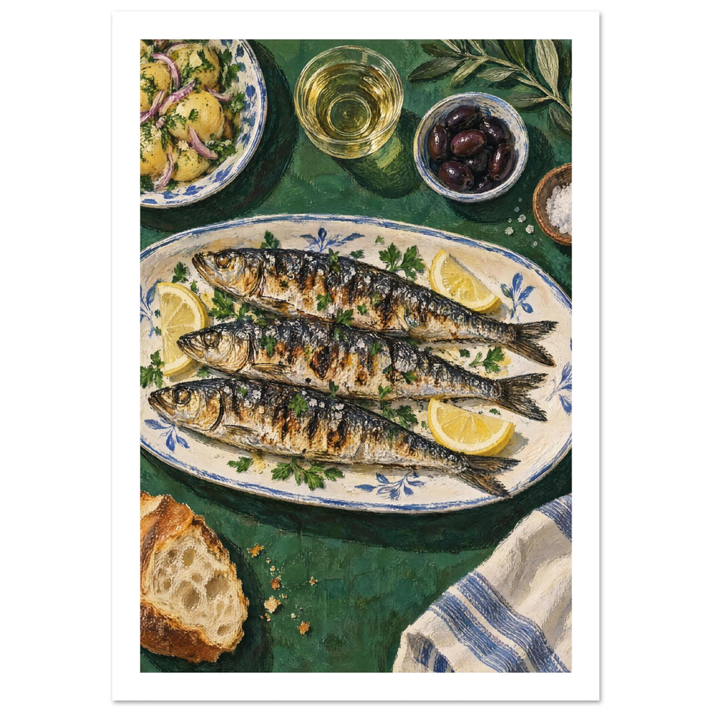 Three grilled fish with lemon and herbs on a patterned platter, with olives, potatoes and bread on a green table.