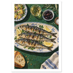 Three grilled fish with lemon and herbs on a patterned platter, with olives, potatoes and bread on a green table.