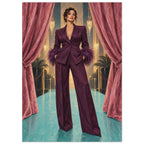 The Feathered Entrance shows a woman in a plum suit with feather-like cuffs standing between rose curtains on an aqua floor.