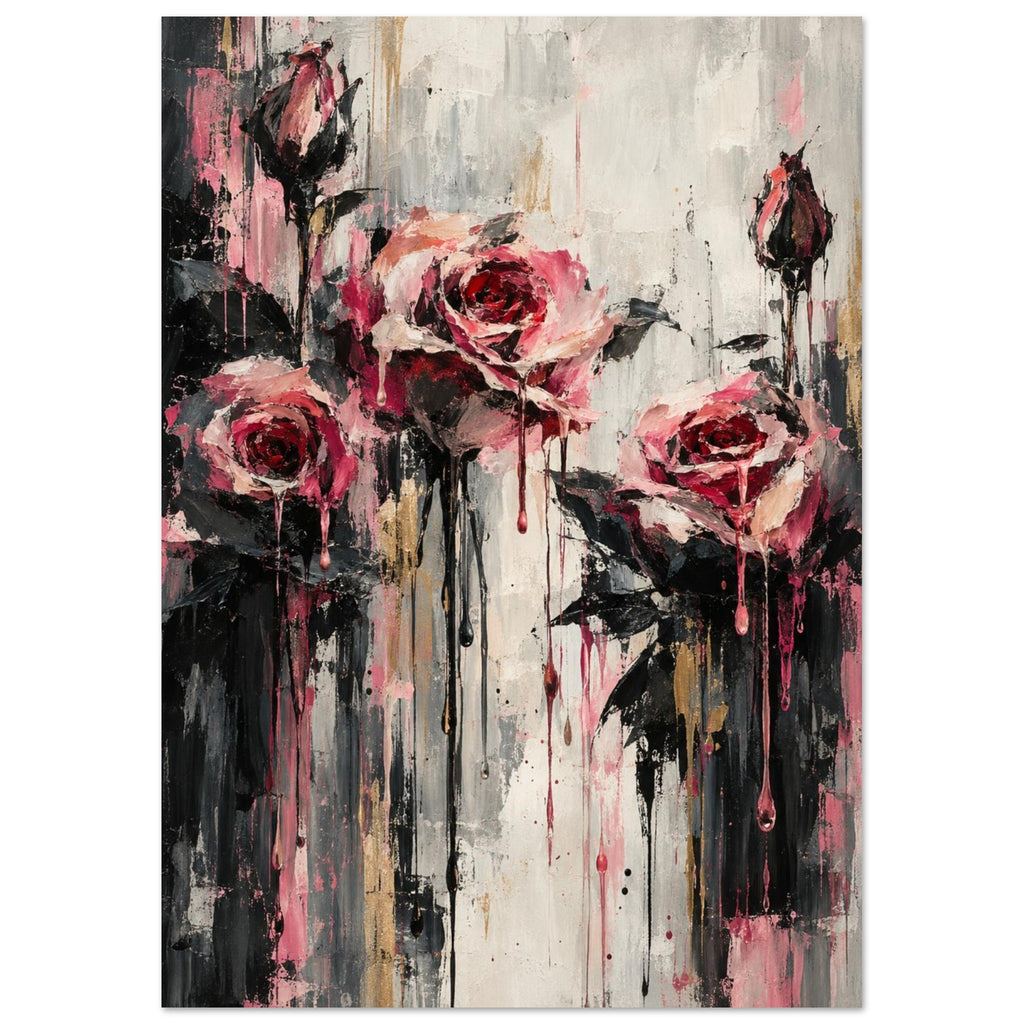 Three pink roses and two rosebuds with dark leaves and long paint drips on a cream and grey painted background.