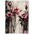 Three pink roses and two rosebuds with dark leaves and long paint drips on a cream and grey painted background.
