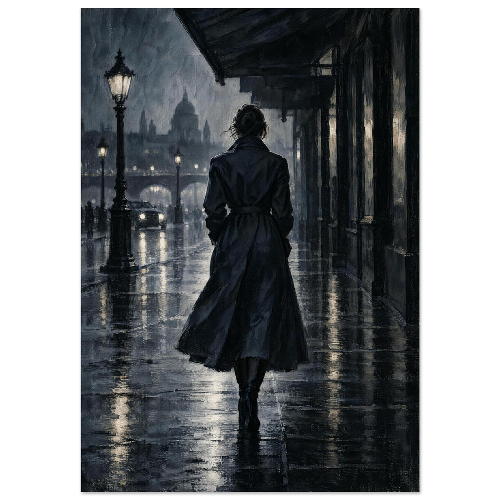 Raincoat at Midnight, a rear-view figure in a long raincoat under an awning, outlined above wet pavement in navy and charcoal