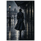 Raincoat at Midnight, a rear-view figure in a long raincoat under an awning, outlined above wet pavement in navy and charcoal