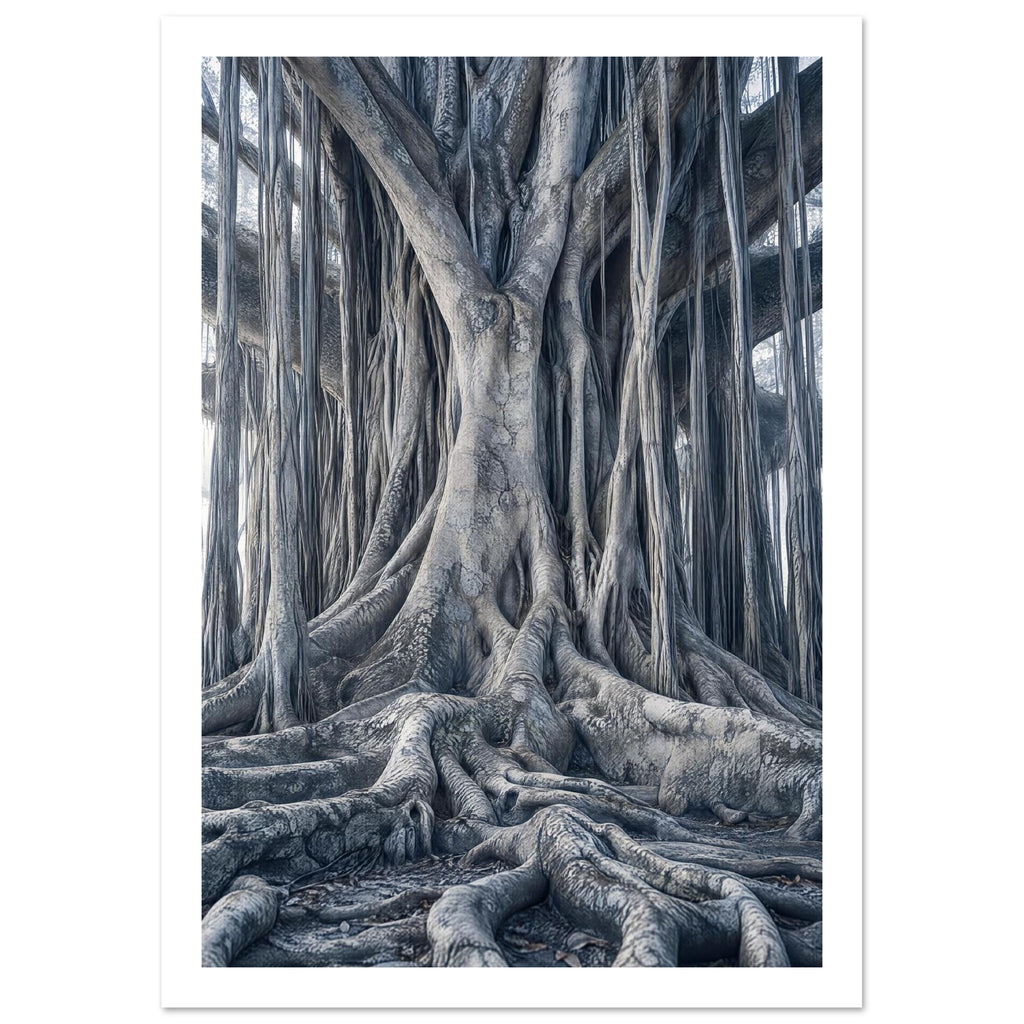Banyan tree with intertwined trunks, hanging aerial roots and thick spreading roots in muted blue-grey tones.