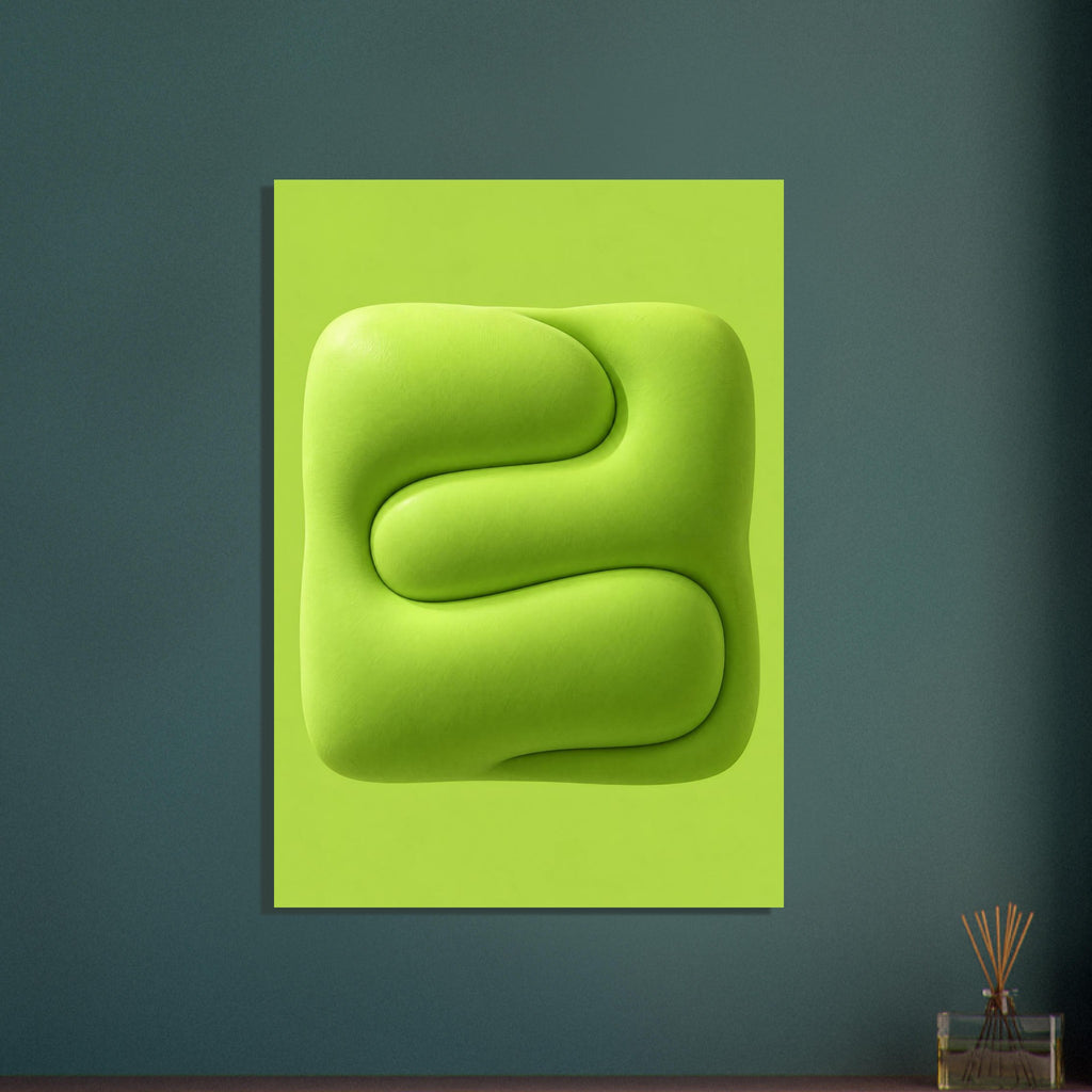 Lime green rounded abstract forms interlock around a winding groove on a matching green background.