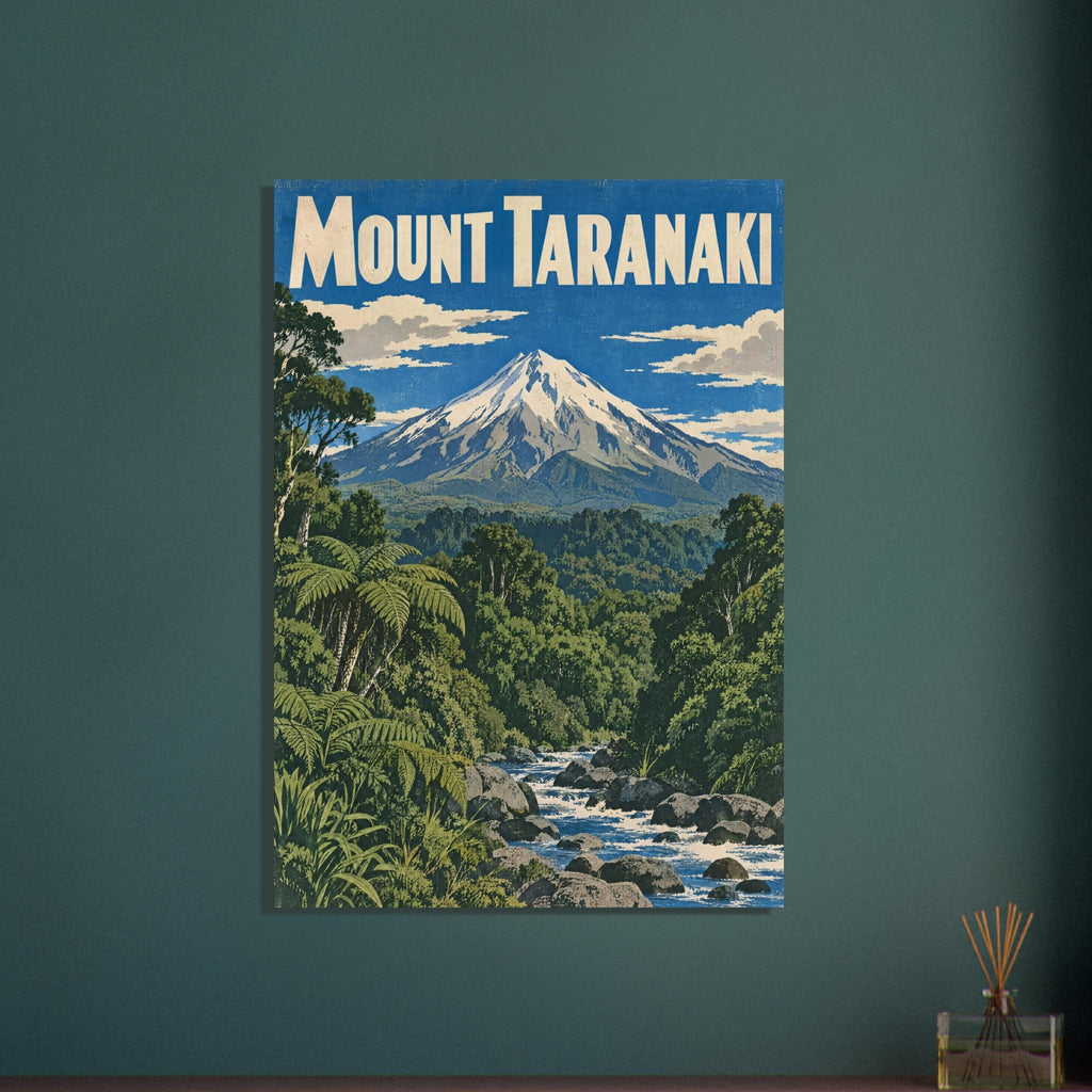 Mount Taranaki poster with cream lettering, a snow-capped mountain, green forest and a rocky stream beneath a blue sky.
