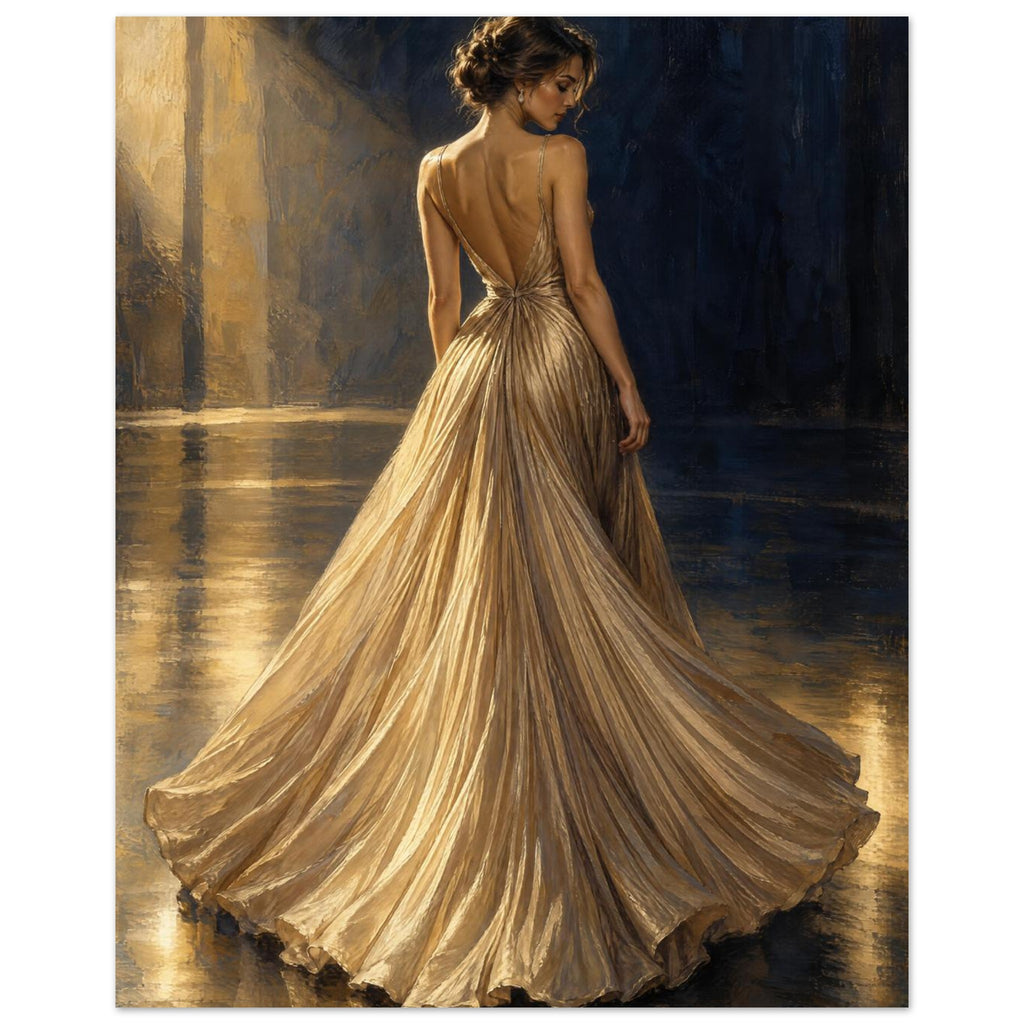 Champagne Pleats depicts a woman from behind in a fan-shaped pleated evening gown, lit from the side against navy.