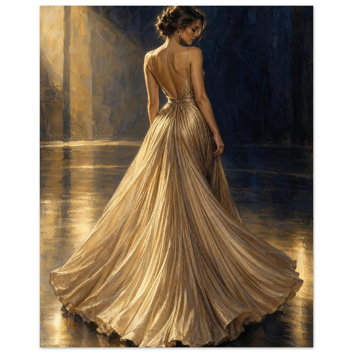 Champagne Pleats depicts a woman from behind in a fan-shaped pleated evening gown, lit from the side against navy.