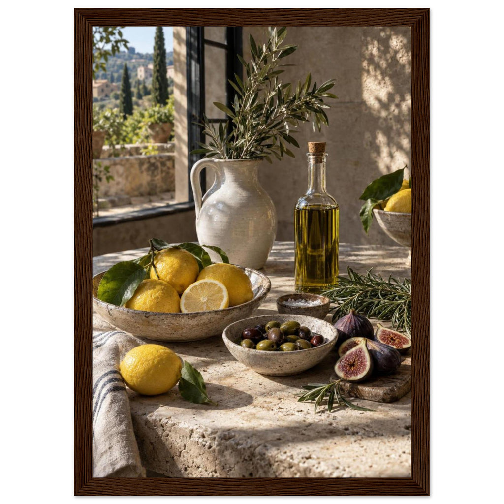 Lemons, olives, figs and a bottle of oil on a stone table beside a ceramic jug of leafy branches and a sunlit window.