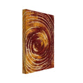 Abstract spiral of rough burgundy and ochre brush marks with cream gaps, sweeping outward across a vertical composition.