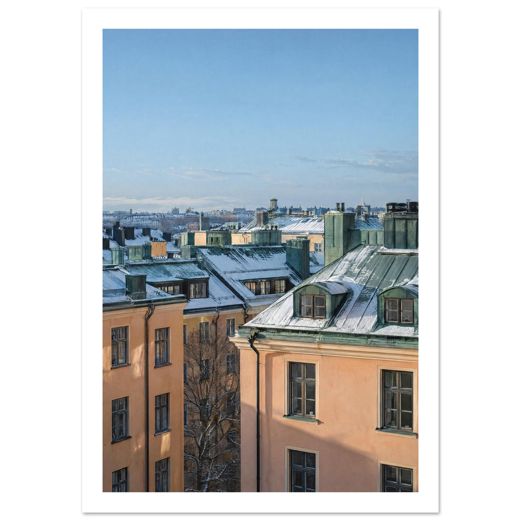 Snow-covered green rooftops and chimneys above peach buildings, with a distant city skyline beneath a clear blue sky.