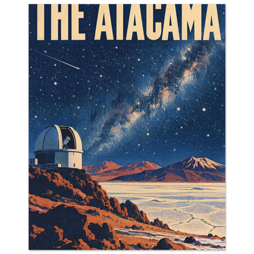 Atacama observatory above orange desert rocks and pale plains, beneath a star-filled blue sky and large cream lettering.