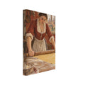 Woman rolling pasta dough in a rustic kitchen, with eggs, flour and cut pasta on the table and towers beyond the window.